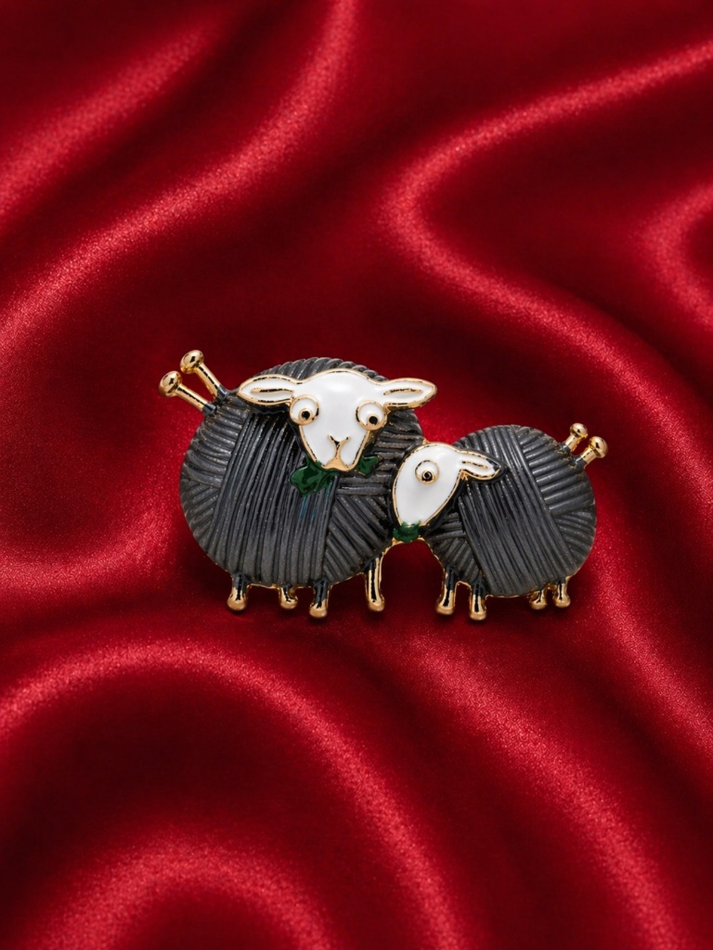 Cute Black Sheep Mother Baby Yarn Brooch